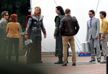 Chris Hemsworth, Jeremy Renner, Scarlett Johansson, Robert Downey Jr, Chris Evans, Mark Ruffalo, Tom Hiddleston, The Avengers 2012, set, 01