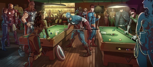 Marvel & DC heroes wind up sharing a pool hall....