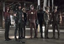 Willa Holland Stephen Amell Grant Gustin David Ramsey Ciara Renee Falk Hentschel Arrow The Flash Crossover